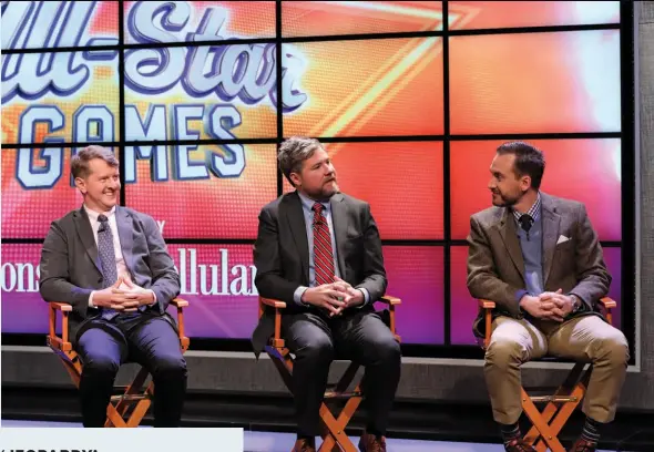  ??  ?? Return to the GreatsFrom left: Ken Jennings, Austin Rogers and Brad Rutter defend their championsh­ips during the “Jeopardy: All-stars Games.”