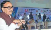  ?? HT ?? Skill developmen­t minister Mahendra Nath Pandey addressing the
■ ‘Meet at Agra’ organised by the AFMEC on Friday.