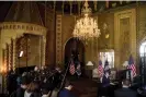  ?? Photograph: Andrew Harnik/AP ?? Trump speaks during a video teleconfer­ence at his Mar-a-Lago estate.