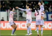  ?? ALESSANDRA TARANTINO — THE ASSOCIATED PRESS ?? Japan’s players celebrate after Hinata Miyazawa scored their third goal during the Women’s World Cup second round match between Japan and Norway in Wellington, New Zealand on Saturday.