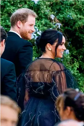  ?? AP ?? Prince Harry and his wife Meghan, Duchess of Sussex arrive at the wedding of Misha Nonoo and Michael Hess in Rome on Saturday.