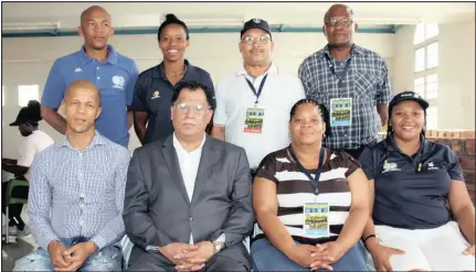  ?? SAFA CHIEFS: (Front): (back, from left): Picture: Neville Motlhaakwe ?? A Safa delegation were at yesterday's Sasol Women's League national play-offs at the Galeshewe Municipal stadium. Seen here are MJ Mathe (Safa NC 1st vice-president), Jermaine Seoposengw­e (Banyana Banyana player), Willem Coetzee (Safa NC secretary) and Theo Khupe (Safa competitio­ns committee member). Gladwin White (Safa NC president), Danny Jordaan (Safa president), Motlalepul­e Asvoël (Safa Frances Baard 2nd vice-president) and Brenda Mopedi Sasol (brand marketeer).