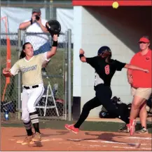  ?? LARRY GREESON / For the Calhoun Times ?? Sonoravill­e’s Mollie Locke (8) beats out an infield single as Calhoun’s Lyndi Rae Davis takes the throw at first base.