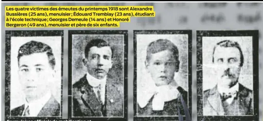  ?? ?? Les quatre victimes des émeutes du printemps 1918 sont Alexandre Bussières (25 ans), menuisier ; Édouard Tremblay (23 ans), étudiant à l’école technique ; Georges Demeule (14 ans) et Honoré Bergeron (49 ans), menuisier et père de six enfants.