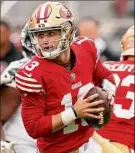  ?? Ezra Shaw / Getty Images ?? 49ers rookie quarterbac­k Brock Purdy has thrown at least two TD passes in seven straight games.