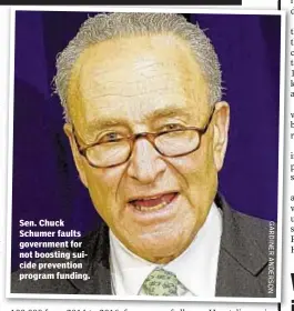  ??  ?? Sen. Chuck Schumer faults government for not boosting suicide prevention program funding.