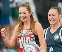  ?? SARNIM DEAN ?? Meighan Taylor of Tokomaru, left, and Anna Archie of Pelorus see the lighter side of the situation during their premier netball game at Lansdowne Park on Saturday.