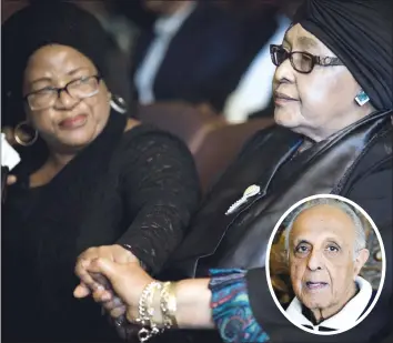  ??  ?? Winnie Mandela (right), ex-wife of the late former South African president Nelson Mandela, attends a memorial service in honour of anti-apartheid stalwart Ahmed Kathrada (inset) in Johannesbu­rg yesterday