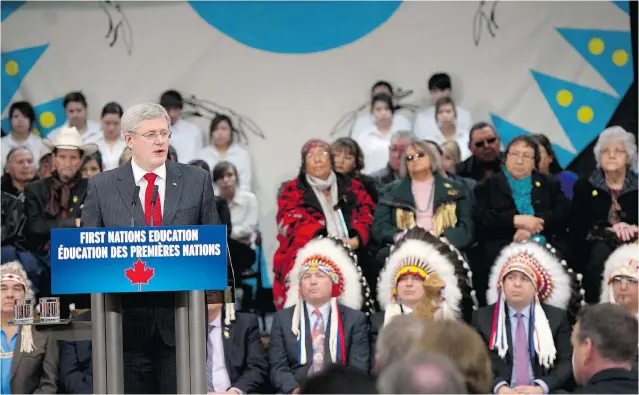  ?? LARRY MACDOUGAL/ THE CANADIAN PRESS FILES ?? Prime Minister Stephen Harper announces a $ 1.9- billion funding agreement for First Nations education in Stand Off, Alta., on Feb. 7. The deal was the result of backroom horse- trading between the governing Conservati­ves, Assembly of First Nations...