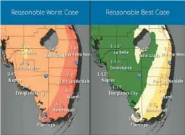  ?? NATIONAL WEATHER SERVICE ?? Best-case and worst-case scenario rainfall totals from Thursday through Saturday for South Florida.