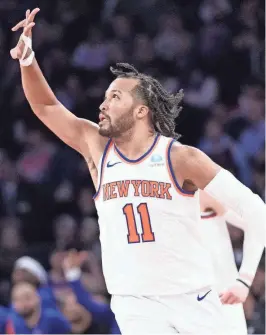  ?? MARY ALTAFFER/AP ?? Knicks guard Jalen Brunson reacts after scoring a 3-pointer in the second half of Thursday’s game against the Washington Wizards in New York.