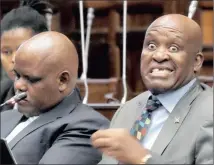  ??  ?? STRAINED: Hawks boss Mthandazo Ntlemeza, right, addresses the police portfolio committee yesterday. Next to him is acting national police commission­er Lieutenant General JK Phahlane.