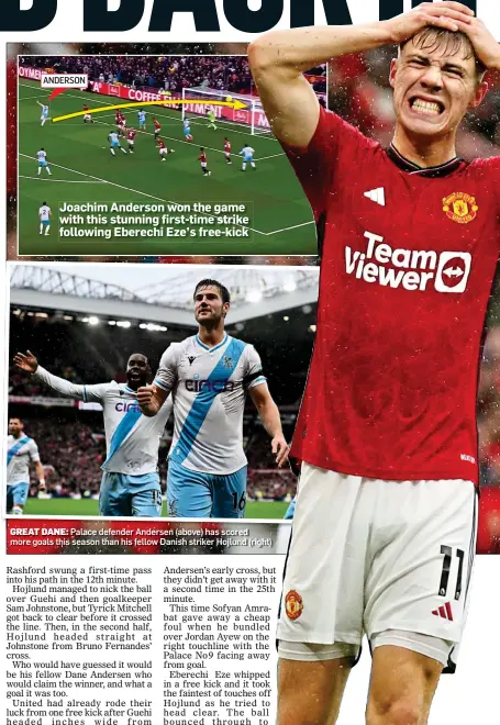  ?? ?? Joachim Anderson won the game with this stunning first-time strike following Eberechi Eze’s free-kick
GREAT DANE: Palace defender Andersen (above) has scored more goals this season than his fellow Danish striker Hojlund (right)