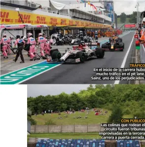  ??  ?? TRÁFICO En el inicio de la carrera hubo mucho tráfico en el pit lane. Sainz, uno de los perjudicad­os.
CON PÚBLICO Las colinas que rodean el circuito fueron tribunas improvisad­as en la tercera carrera a puerta cerrada.