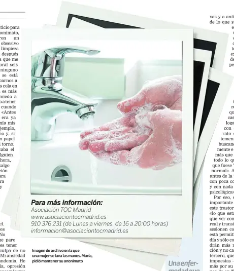  ??  ?? Imagen de archivo en la que una mujer se lava las manos. María, pidió mantener su anonimato