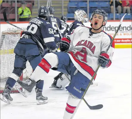  ?? ACADIA ATHLETICS ?? Sam Fioretti, pictured in action with the Acadia Axemen in a playoff game last season against St. FX, has signed with the Carolina Stingrays, the ECHL affiliate of the NHL’S Washington Capitals and AHL’S Hershey Bears.