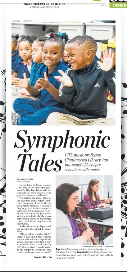  ?? CONTRIBUTE­D PHOTO BY ANGELA LEWIS FOSTER ?? Top: Hardy Elementary students listen to Symphonic Sounds at the school. Above: Nikolasa Tejero, clarinet, and Susan Hadden, piano, perform for Symphonic Tales at Hardy Elementary School.