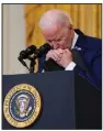  ?? (AP/Evan Vucci) ?? President Joe Biden pauses as he speaks Thursday at the White House about the bombings at the Kabul airport. “These ISIS terrorists will not win,” he said, vowing to find the people who carried them out and make them pay.