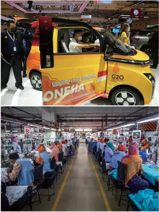  ?? (Photo by VCG) ?? Top: Visitors experience a Wuling Air electric vehicle (EV) at Gaikindo Indonesia Internatio­nal Auto Show (GIIAS), Tangerang, Indonesia, August 18, 2022
Bottom: Worker in a garments factory, India, March 22, 2021(Photo by VCG)