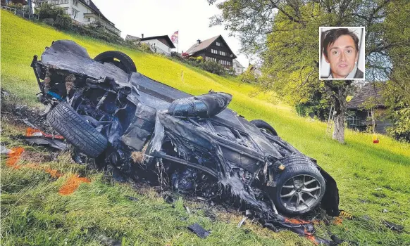  ??  ?? British TV personalit­y Richard Hammond (inset) managed to escape without serious injury from this frightenin­g crash in Switzerlan­d. Main picture: FREUDS via AP