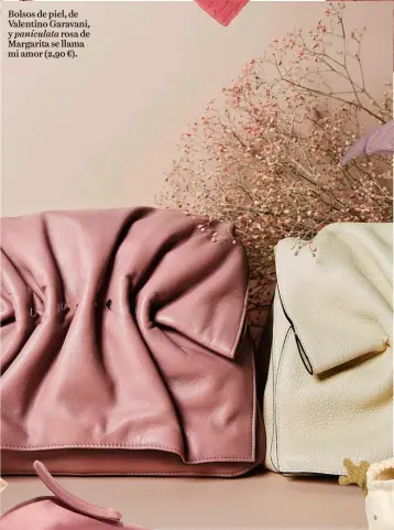  ??  ?? Bolsos de piel, de Valentino Garavani, y paniculata rosa de Margarita se llama mi amor ( ,   €).