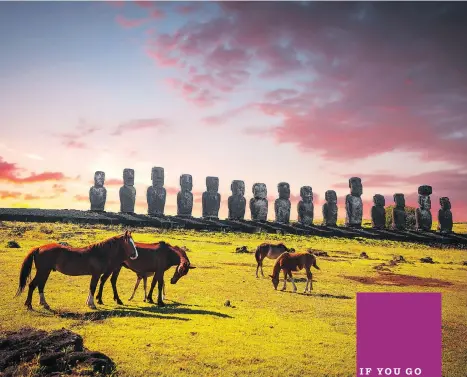  ?? GETTY IMAGES ?? Horses graze on the upland pastures amid the imposing statues on Easter Island.