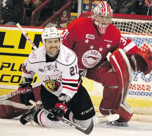  ?? — BRIAN KELLY FILES ?? The Owen Sound Attack missed Jonah Gadjovich when he was forced two sit out two games against goalie Matthew Villalta and the Soo Greyhounds, but he returned to help the Attack score a Game 6 victory, forcing a decisive Game 7 Tuesday night.