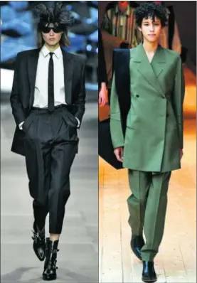  ?? / Y. ZHANG / LESTROP (GETTY) ?? En las imágenes de la izquierda, vestido y traje del nuevo Celine. Y a la derecha, modelos de la época de Philo.