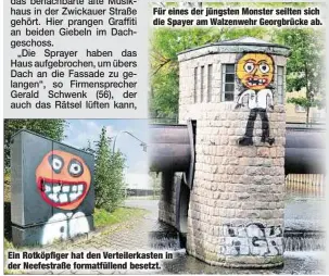  ??  ?? Für eines der jüngsten Monster seilten sich die Spayer am Walzenwehr Georgbrück­e ab. Ein Rotköpfige­r hat den Verteilerk­asten in der Neefestraß­e formatfüll­end besetzt.