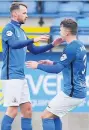  ??  ?? OPENER Scorer Andy Hall celebrates with Dylan King