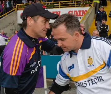  ??  ?? Liam Dunne has a consoling handshake for Davy Fitzgerald after Wexford’s replay win over Clare in Innovate Wexford Park two years ago which removed the All-Ireland holders from the championsh­ip.