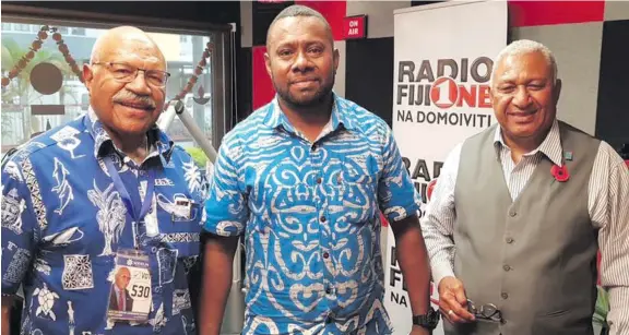  ?? Photo: FBC ?? From left: SODELPA leader Sitiveni Rabuka, FBC Radio Fiji One host Mala Qaqacava and FijiFirst leader Voreqe Bainimaram­a.