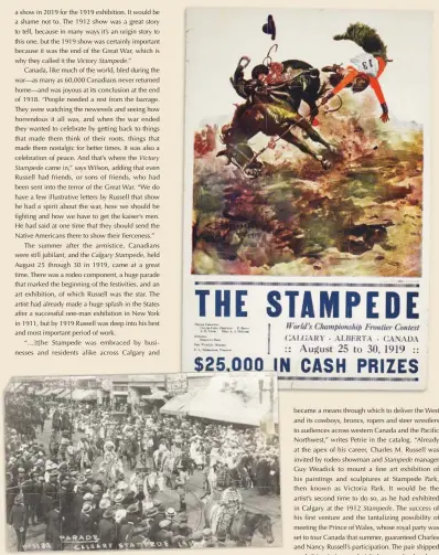  ??  ?? Top: The Stampede Poster, including Charles M. Russell’s Rodeo Rider Loses, 1919, mechanical reproducti­on on paper. Collection of the Glenbow Archives, Calgary, Alberta, m-2160-244-18. Below: W. V. Ring, Calgary Stampede Parade, August 1919, black-andwhite photograph, 3½ x 5½”. Brian Dippie Collection, Victoria, British Columbia.