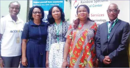  ??  ?? L-R: Strategic Account Manager, Roche Products Ltd, Diabetes Care, Mrs Folashade Olufemi-Ajayi; Professor of Medicine, Endocrinol­ogy and Diabetolog­y, College of Health Sciences, University of Abuja, Prof Felicia Anumah; Managing Director, Rainbow Specialist Medical Centre, Dr Afoke Isiavwe; representa­tive of the National Desk Officer, Diabetes, Federal Ministry of Health, Dr. Olanike Kehinde Akinkoye; and Director, World Walk Foundation, Jamaica Chapter, Dr Owen Bernard, during the 6th Annual Internatio­nal Diabetes and Podiatric workshop in Lagos recently