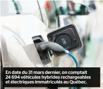  ??  ?? En date du 31 mars dernier, on comptait 24 694 véhicules hybrides rechargeab­les et électrique­s immatricul­és au Québec.