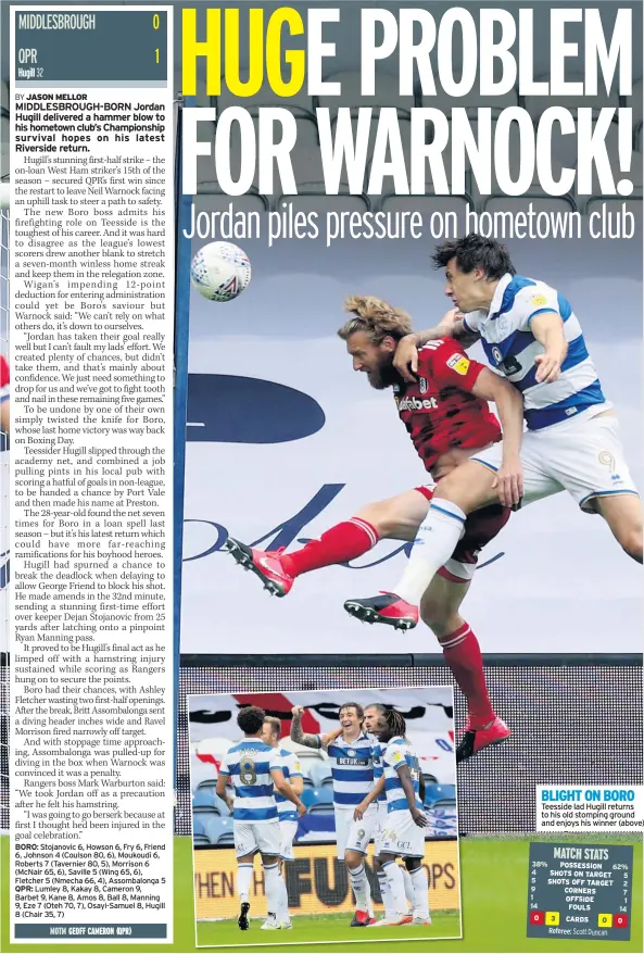  ??  ?? JACK-TRICK Harrison squeezes home Leeds’ third
beyond Rodak
BLIGHT ON BORO Teesside lad Hugill returns to his old stomping ground and enjoys his winner (above)