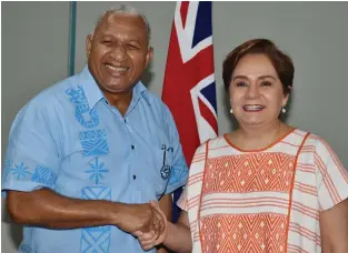  ?? Photo: Ronald Kumar ?? Prime Minister Voreqe Bainimaram­a with UNFCCC Executive Secretary Patricia Espinosa yesterday.