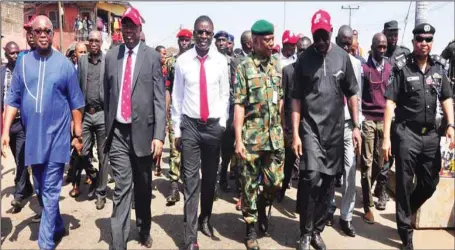  ??  ?? R-L: Edo State Commission­er of Police, Lawal Jimeta; Edo State Governor, Mr. Godwin Obaseki; Commander, 4 Brigade, Benin, Brigadier General Greg Omorogbe; Deputy Governor, Hon. Philip Shaibu; Secretary to the State Government, Osarodion Ogie; and Chairman, Oredo Local Government Area, Hon. Jerkins Osunde, during the governor’s inspection of the fire outbreak at Osa market (Ekiosa), in Benin City… yesterday