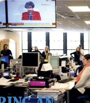  ??  ?? The news statesman: editor George Osborne with staff in the newsroom at the Standard
(note his nemesis Theresa May on the TV behind him), summer 2017