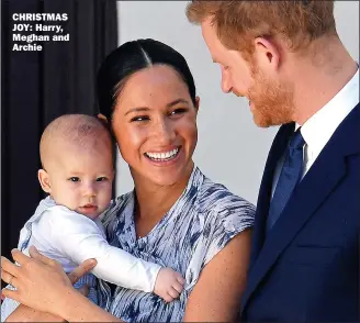  ??  ?? CHRISTMAS JOY: Harry, Meghan and Archie
WE’RE now supposed to be getting angry over the news that Prince Harry, Meghan and baby Archie will be spending Christmas with Meghan’s mother in the US rather than with the Queen at Sandringha­m.
This is confected gibberish. It’s normal that couples take it in turns to spend Christmas with each other’s folks, particular­ly when babies enter the picture.
And, as the Queen seems totally relaxed about this and regularly visits the young couple, who are we to pretend that we’re upset?