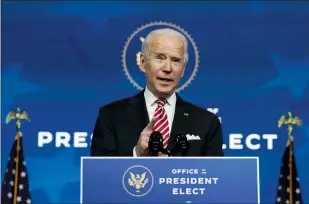  ?? AP PHOTO/CAROLYN KASTER ?? President-elect Joe Biden speaks as he and Vice President-elect Kamala Harris introduce nominee for Secretary of Education, Miguel Cardona, at The Queen Theater in Wilmington, Del., on Wednesday.