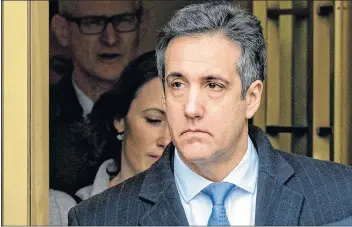  ?? AP PHOTO ?? Michael Cohen, President Donald Trump’s former lawyer, leaves federal court after his sentencing in New York Wednesday. Cohen was sentenced Wednesday to three years in prison for an array of crimes that included arranging the payment of hush money to two women that he says was done at the direction of Trump.