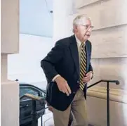  ?? J. SCOTT APPLEWHITE/AP ?? Senate Minority Leader Mitch McConnell, R-Ky., arrives Saturday as the Senate convenes for a weekend session on the infrastruc­ture bill in Washington.
