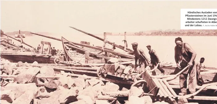  ?? F.: Archiv Hafen Wien ?? Händisches Ausladen von Pflasterst­einen im Juni 1940: Mindestens 1212 Zwangsarbe­iter schufteten in Albern und der Lobau.