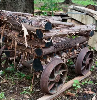  ??  ?? Dave creates replica manuka mining trolleys using coal wagon wheels from abandoned West Coast mines. They are constructe­d out of long-length manuka firewood and bolted together to form sturdy decorative garden features.