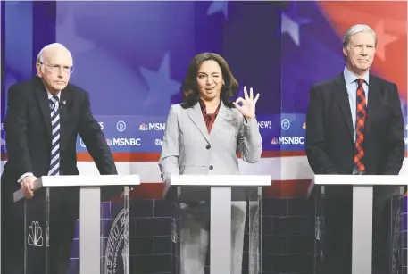  ?? WILL HEATH/NBC ?? Maya Rudolph, centre, is nominated for an Emmy award for her portrayal of Kamala Harris on Saturday Night Live. The actress and comedian is seen in a 2019 sketch alongside Larry David, left, portraying Bernie Sanders and Will Ferrell as Tom Steyer.