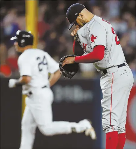  ?? GETTYIMAGE­S ?? HARD TO WATCH: David Price tries to compose himself last night after giving up a three-run homer to Gary Sanchez during the Sox’ series finale against the Yankees in New York.