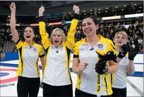  ?? THE CANADIAN PRESS/SEAN KILPATRICK ?? Manitoba, third, Shannon Birchard, left to right, skip Jennifer Jones, second Jill Officer, and lead Dawn McEwen celebrate after defeating the Wild Card team to win the Scotties Tournament of Hearts in Penticton, B.C., on Sunday.