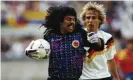  ??  ?? René Higuita in action for Colombia against West Germany’s Jürgen Klinsmann at the 1990 World Cup. Photograph: David Cannon/Getty Images