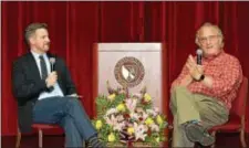  ?? LINDA STEIN - DIGITAL FIRST MEDIA ?? Haverford School teacher Tom Stambaugh, left, and author Mark Bowden on stage during recent talk to students at the school.